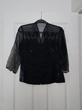 Alex Evenings Sheer Mesh Floral Beaded 3/4 Sleeve Blouse Top Solid Black M